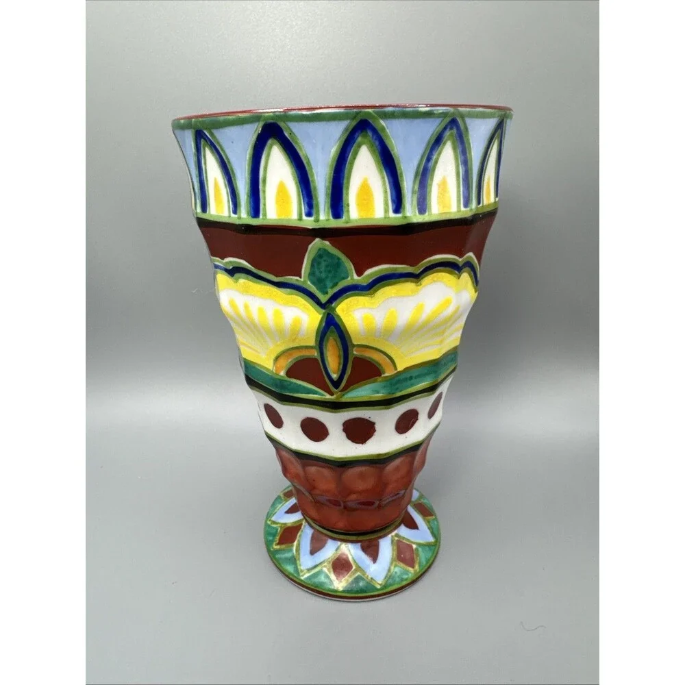 TA Tashiro Shoten Hand Painted Art Deco Porcelain Vase VTG Japan 7.25” 1920-40s.